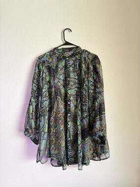 Paisley Print Sheer Button Down Blouse Size 48